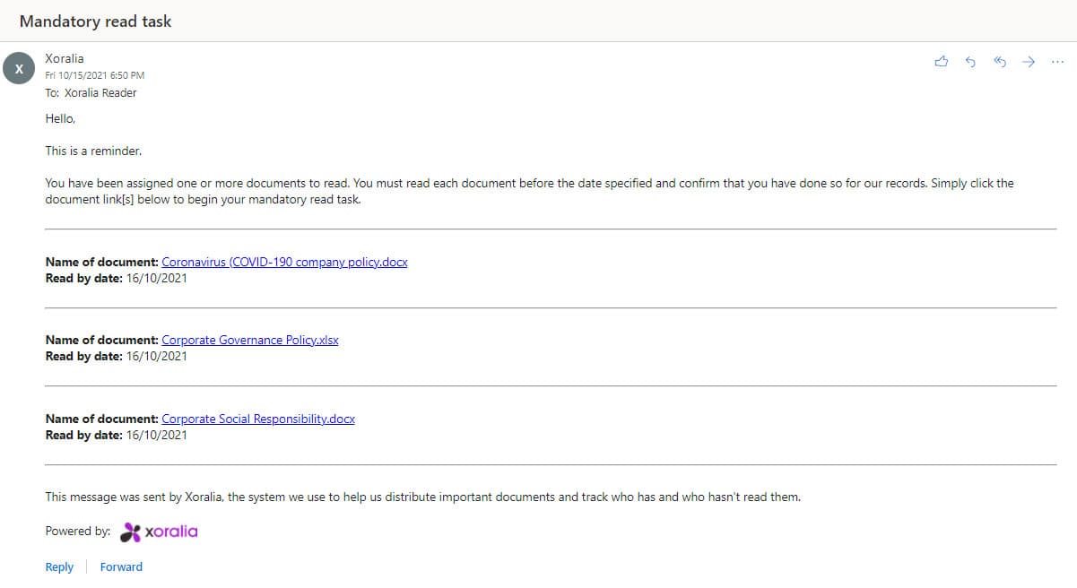 notifcation email showing multiple document read tasks