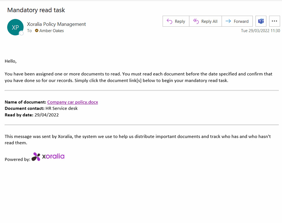 Email notification on mandatory read task