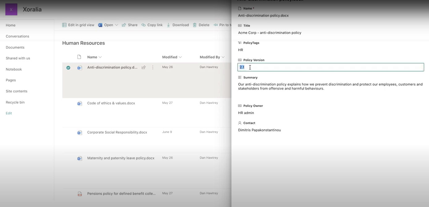 Policy lifecycle versioning in Xoralia