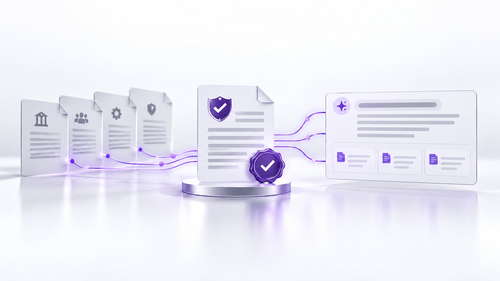 Policy documents feeding one approved, signed-off version, which an AI answer cites as its sources