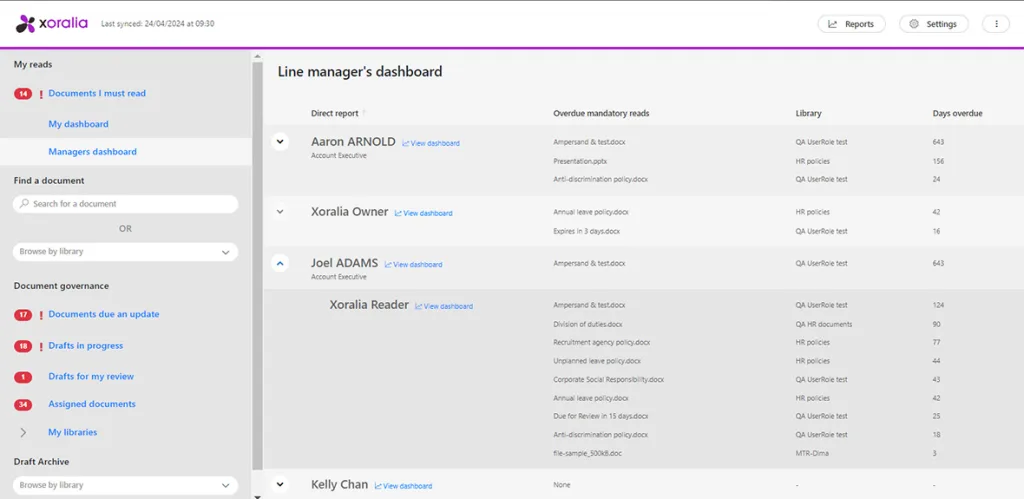 Line managers dashboard