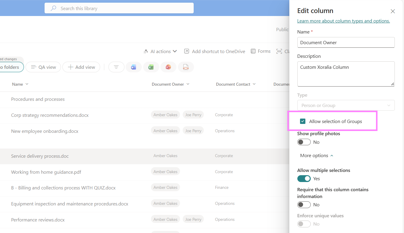 Document owner group selected